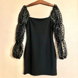CHARMED HEARTS Black Mini Dress With Sheer Polka Dot Sleeves Size M